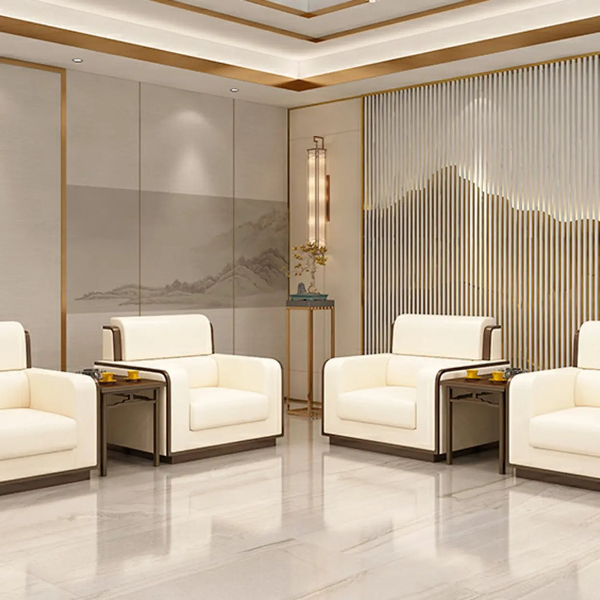 Beige Faux Leather Wooden Frame Chairs with Arms Image - 4