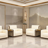 Beige Faux Leather Wooden Frame Chairs with Arms Image - 4