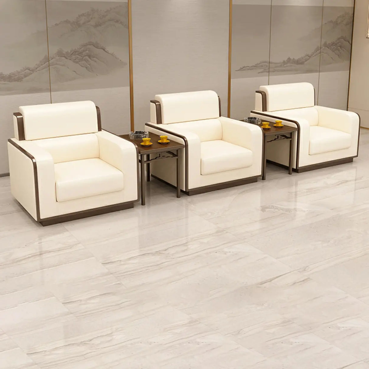 Beige Faux Leather Wooden Frame Chairs with Arms Image - 5