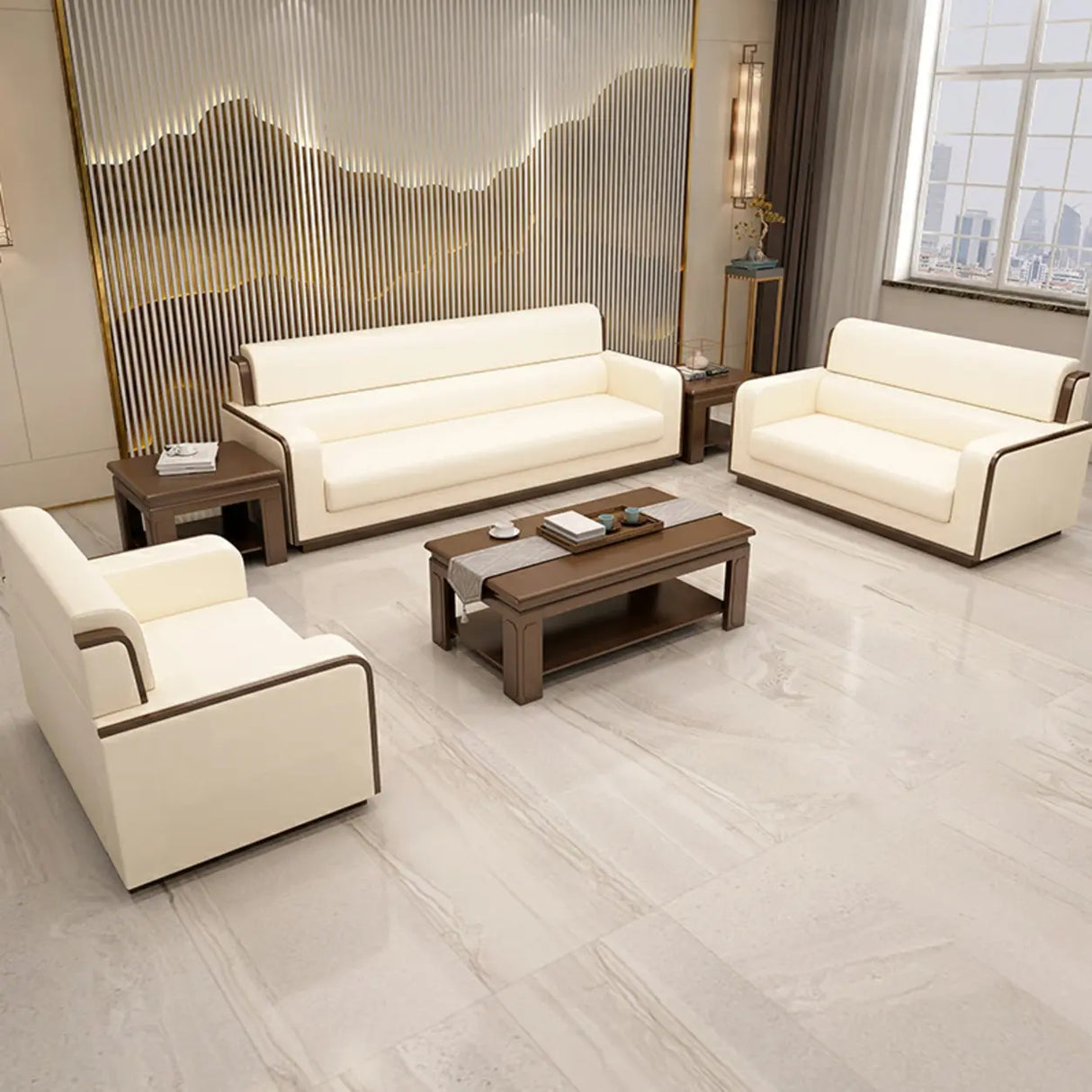 Beige Faux Leather Wooden Frame Chairs with Arms Image - 6