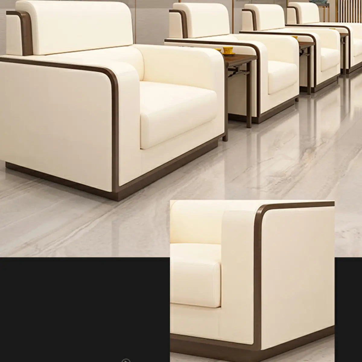 Beige Faux Leather Wooden Frame Chairs with Arms Image - 14