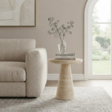 Beige Faux Travertine Stone Round Pedestal Side Table Image - 1