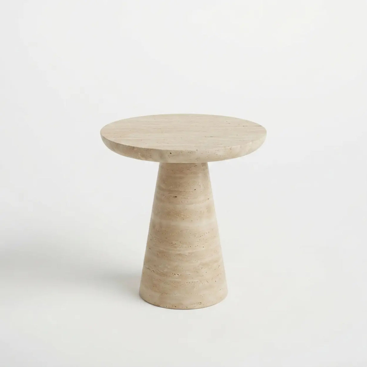 Beige Faux Travertine Stone Round Pedestal Side Table Image - 2
