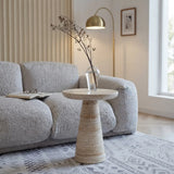 Beige Faux Travertine Stone Round Pedestal Side Table Image - 5