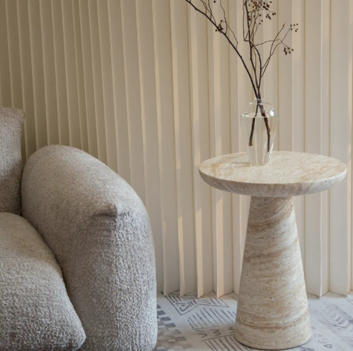 Beige Faux Travertine Stone Round Pedestal Side Table 