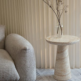 Beige Faux Travertine Stone Round Pedestal Side Table #size