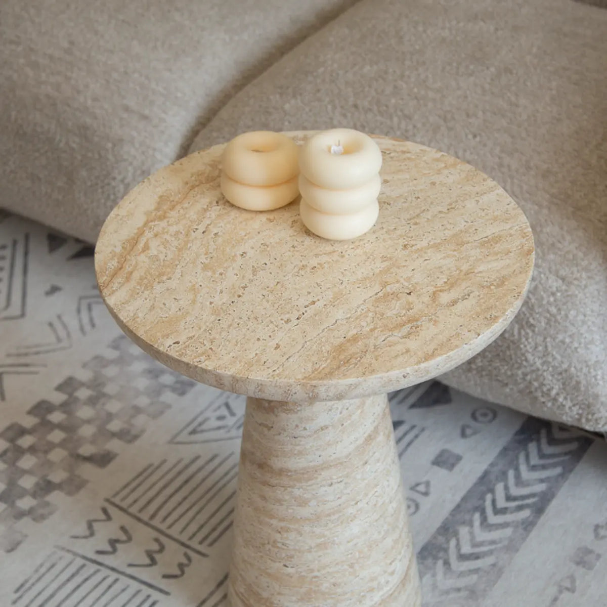 Beige Faux Travertine Stone Round Pedestal Side Table Image - 7