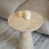 Beige Faux Travertine Stone Round Pedestal Side Table Image - 7