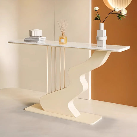 Beige Finish Metal Wave Base Marble Top Console Table Image - 1