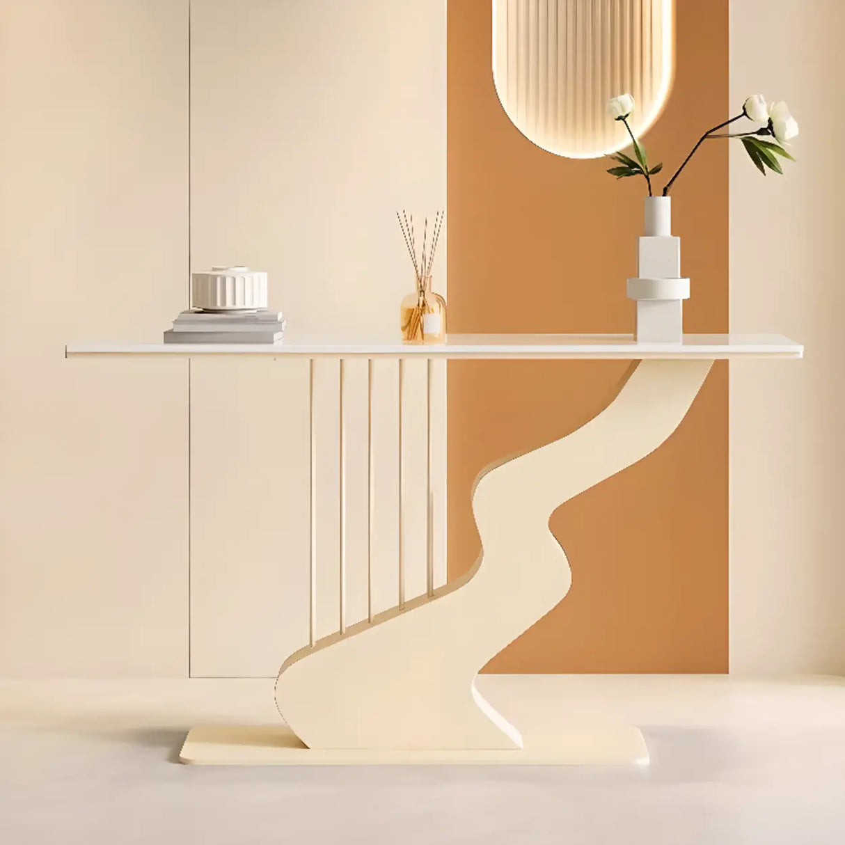 Beige Finish Metal Wave Base Marble Top Console Table Image - 2