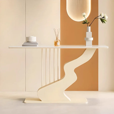 Beige Finish Metal Wave Base Marble Top Console Table Image - 2
