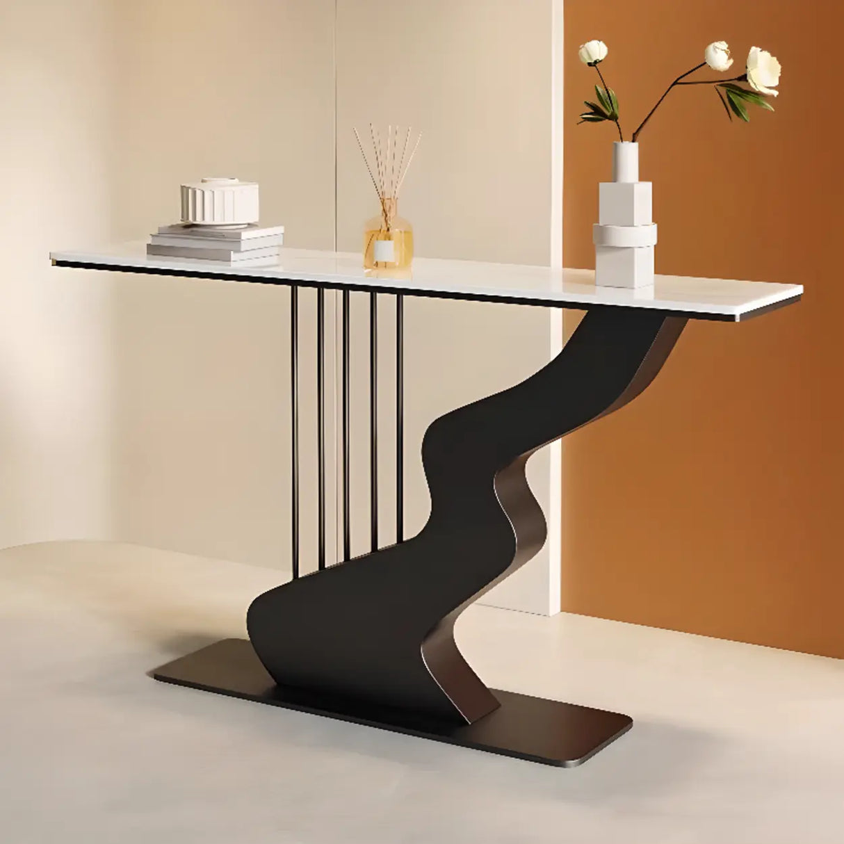 Beige Finish Metal Wave Base Marble Top Console Table Image - 3