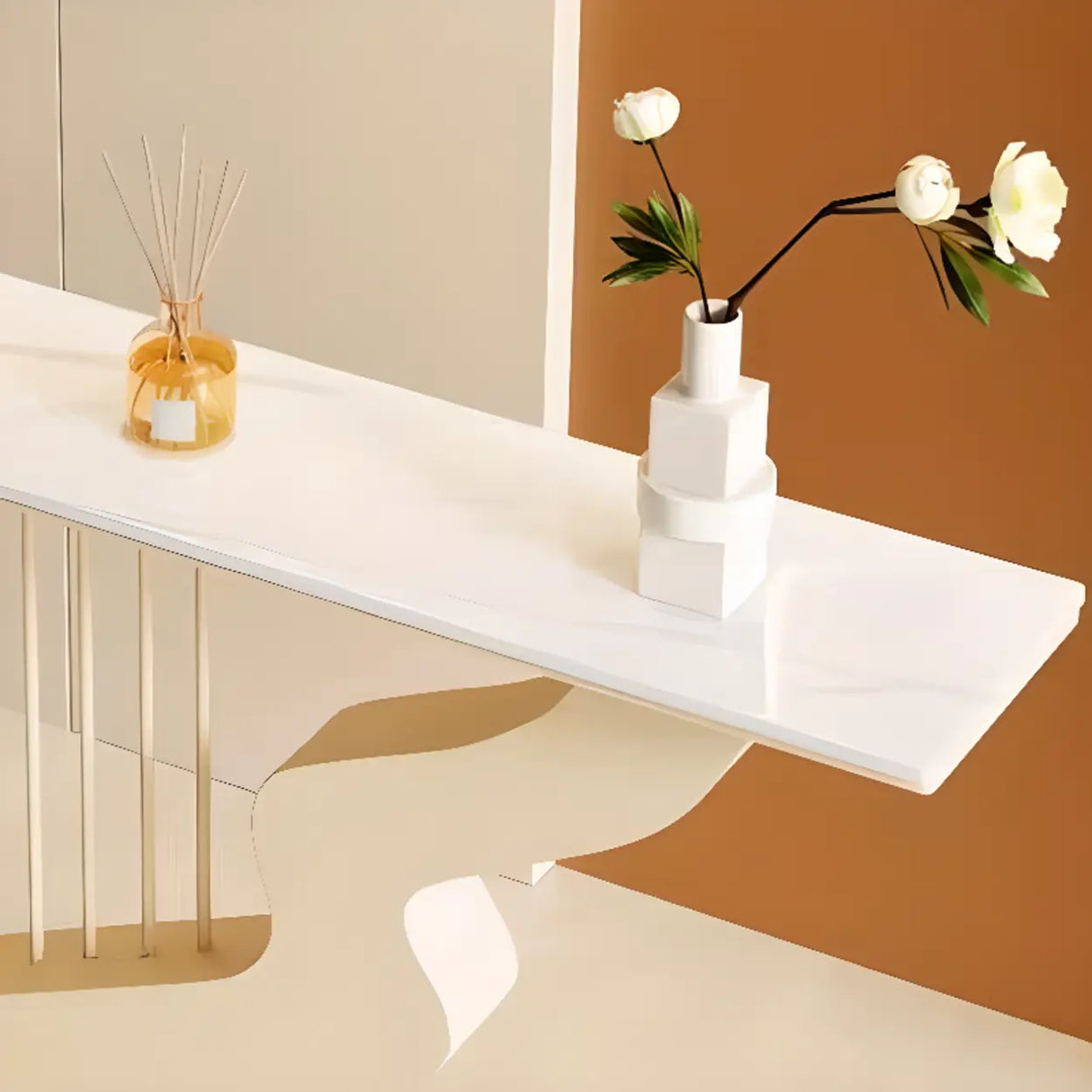 Beige Finish Metal Wave Base Marble Top Console Table Image - 6