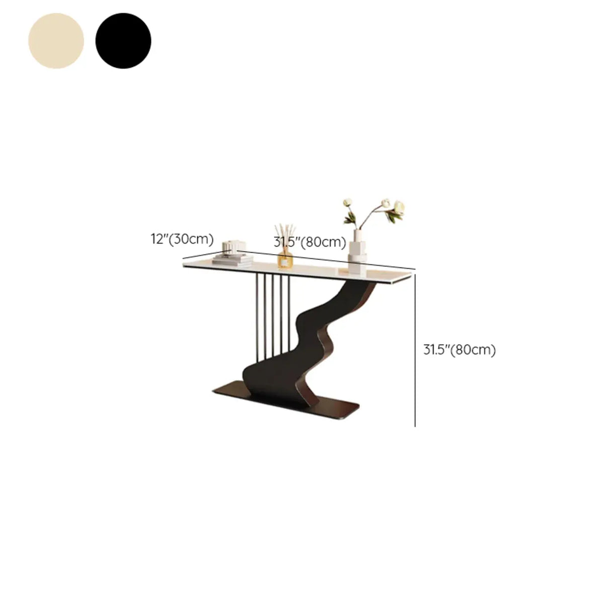 Beige Finish Metal Wave Base Marble Top Console Table 