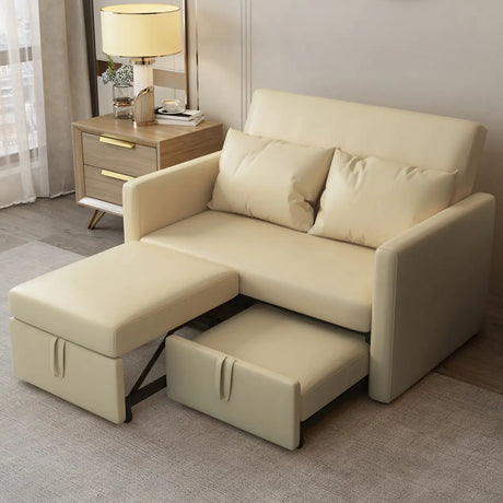 Beige Foldable Tech Cloth Square Arm Storage Sofa Bed Image - 1