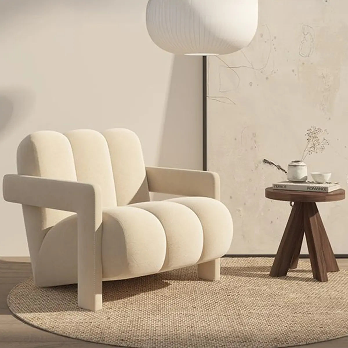 Beige Frosted Velvet Fixed Back Reclining Lounge Chair Image - 1