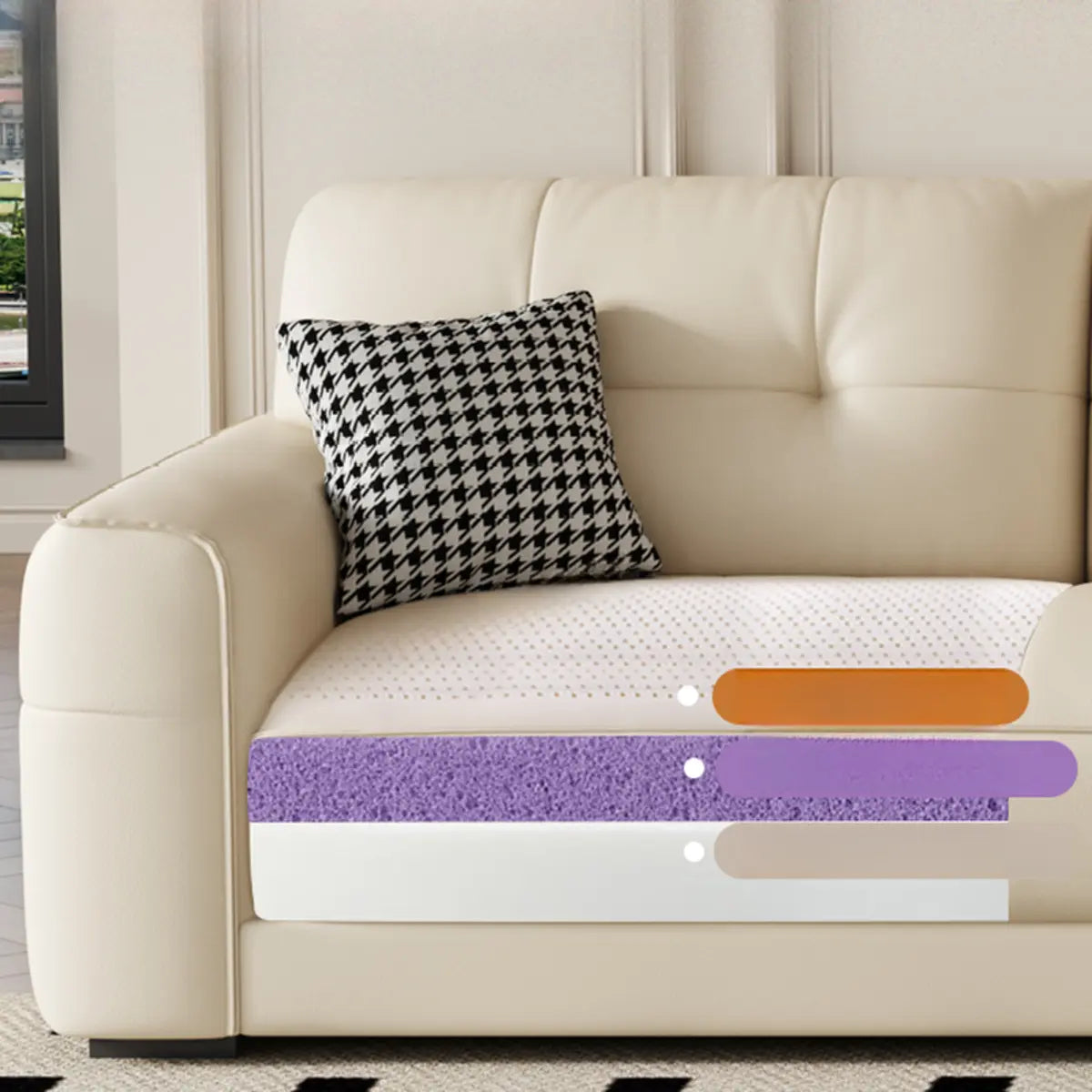 Beige Genuine Leather Recessed Arm Tufted Sofa Chaise Image - 11