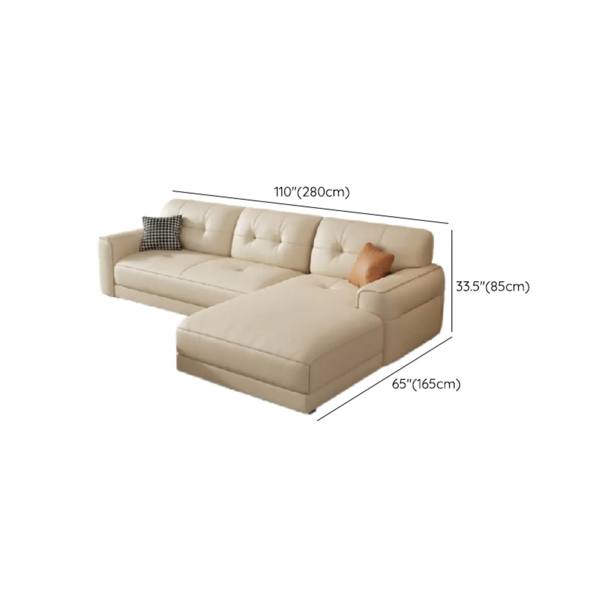 Beige Genuine Leather Recessed Arm Tufted Sofa Chaise 