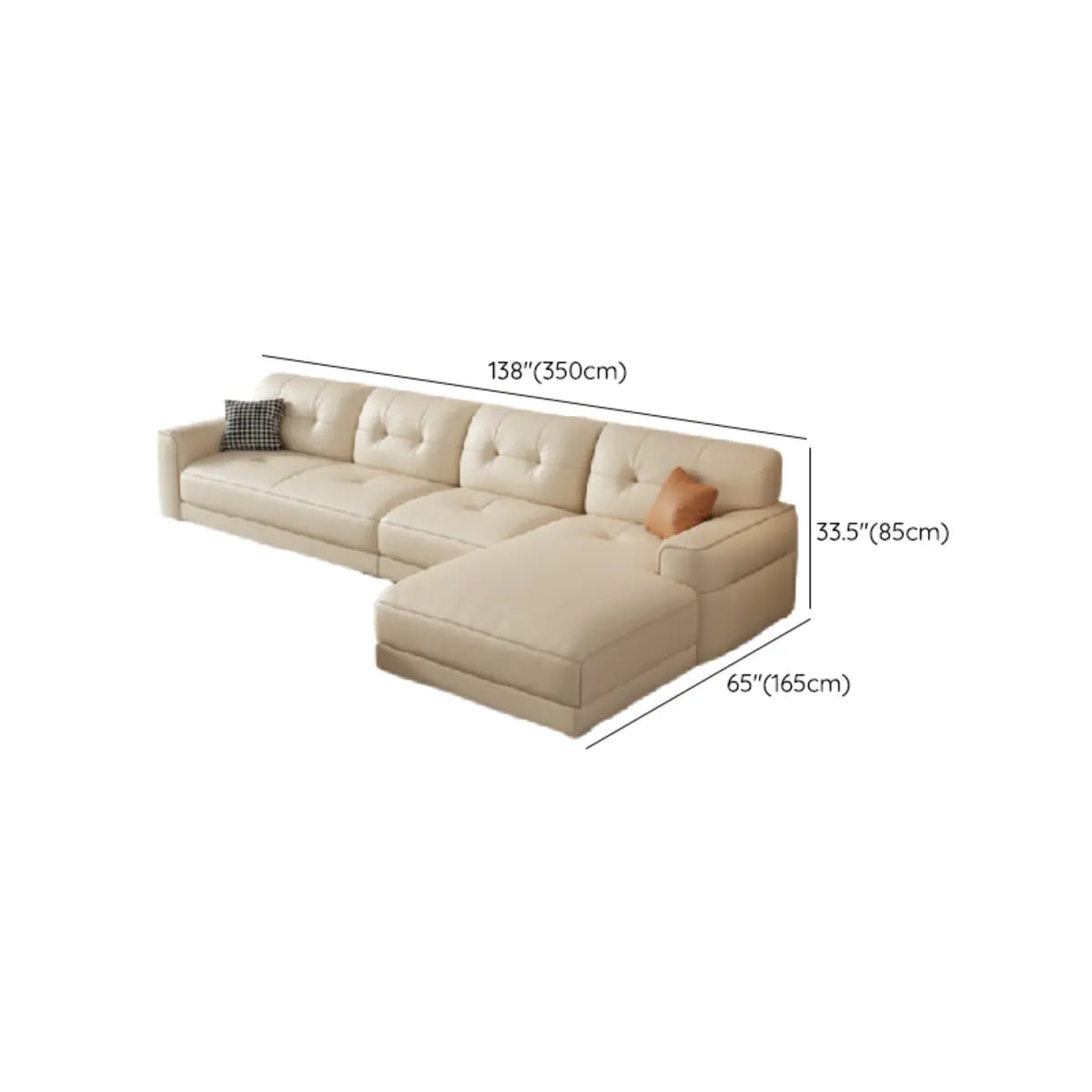 Beige Genuine Leather Recessed Arm Tufted Sofa Chaise Image - 16