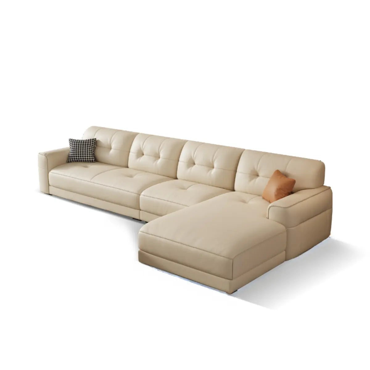 Beige Genuine Leather Recessed Arm Tufted Sofa Chaise Image - 3