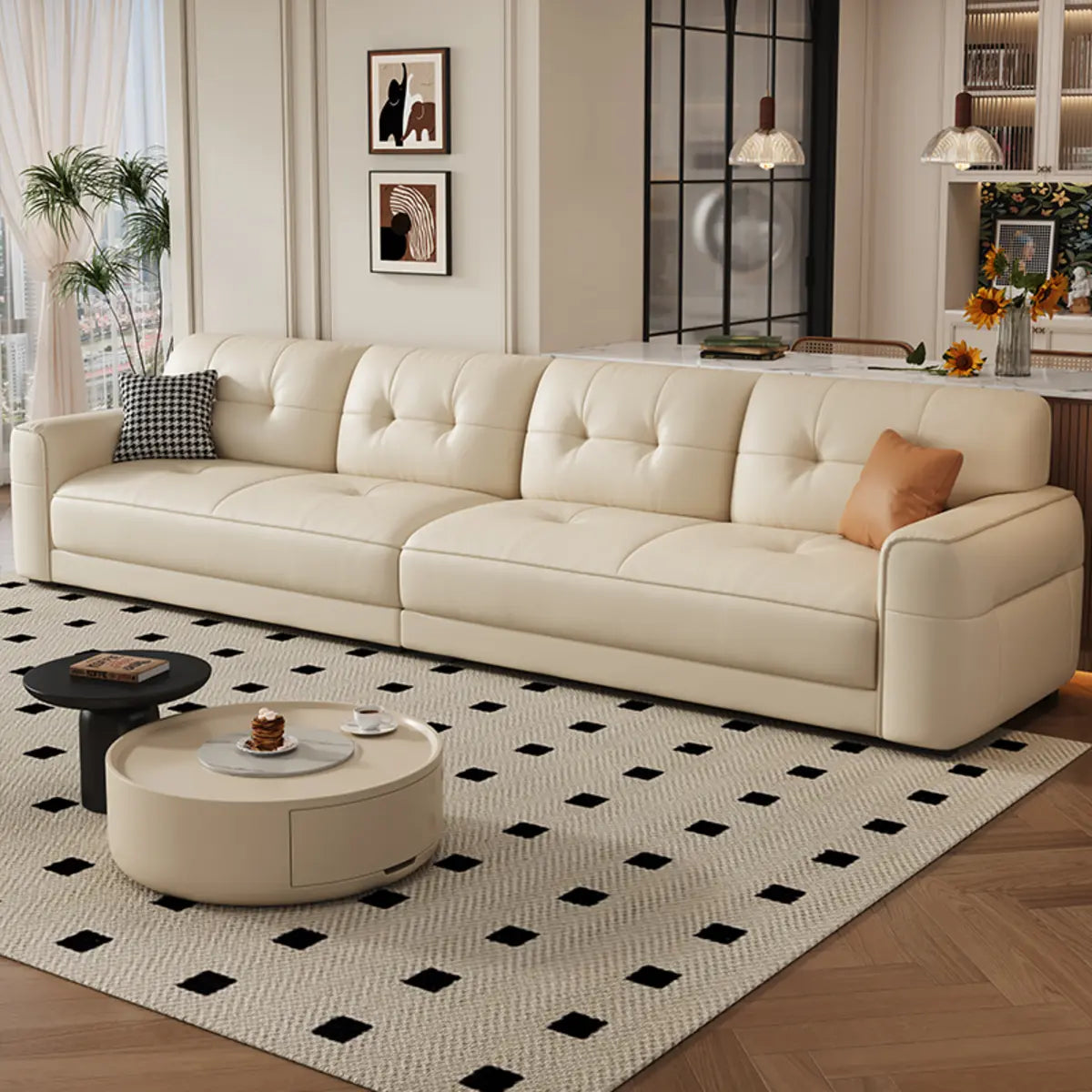 Beige Genuine Leather Recessed Arm Tufted Sofa Chaise Image - 4