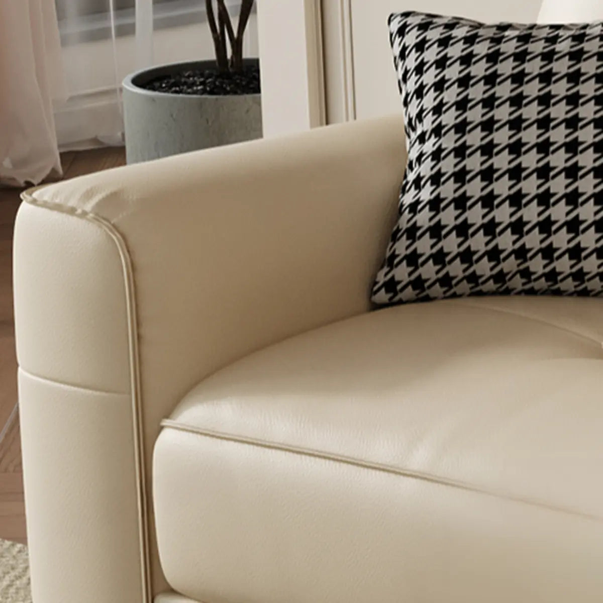 Beige Genuine Leather Recessed Arm Tufted Sofa Chaise Image - 8