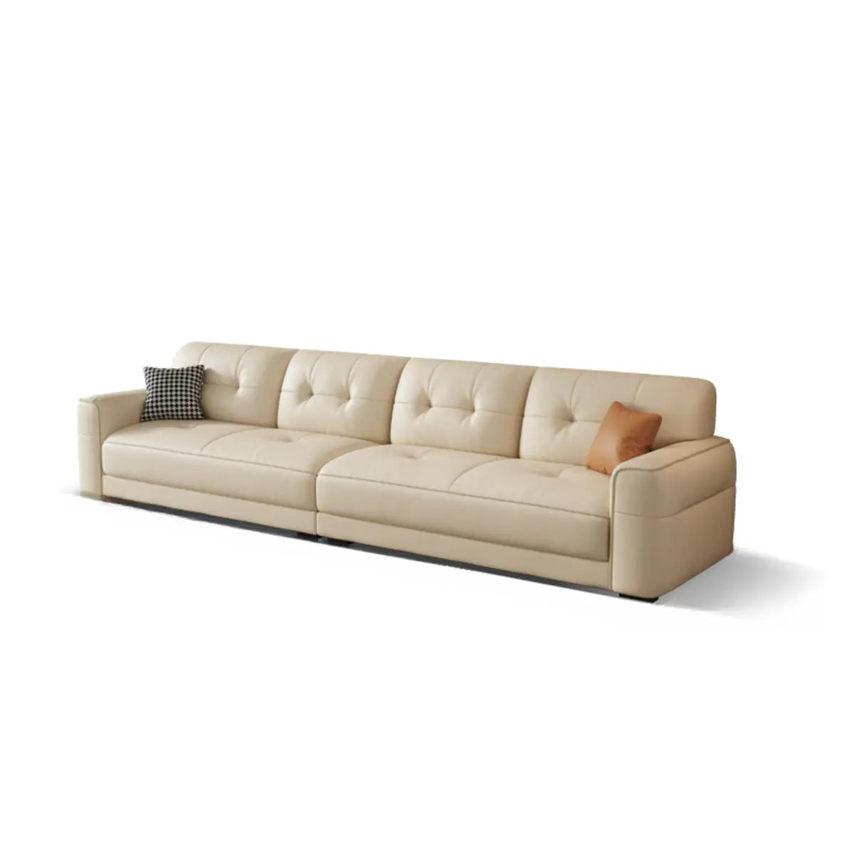 Beige Genuine Leather Recessed Arm Tufted Sofa Chaise Image - 9
