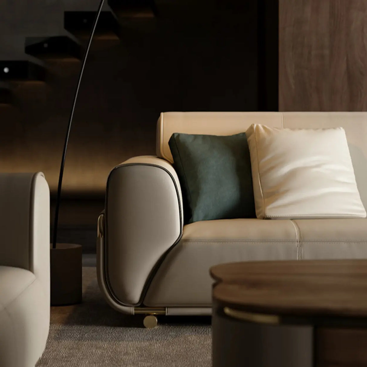 Beige Genuine Leather Tight Back Extra Long Sofa Image - 11