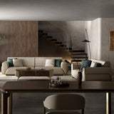 Beige Genuine Leather Tight Back Extra Long Sofa Image - 13