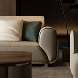 Beige Genuine Leather Tight Back Extra Long Sofa Image - 9