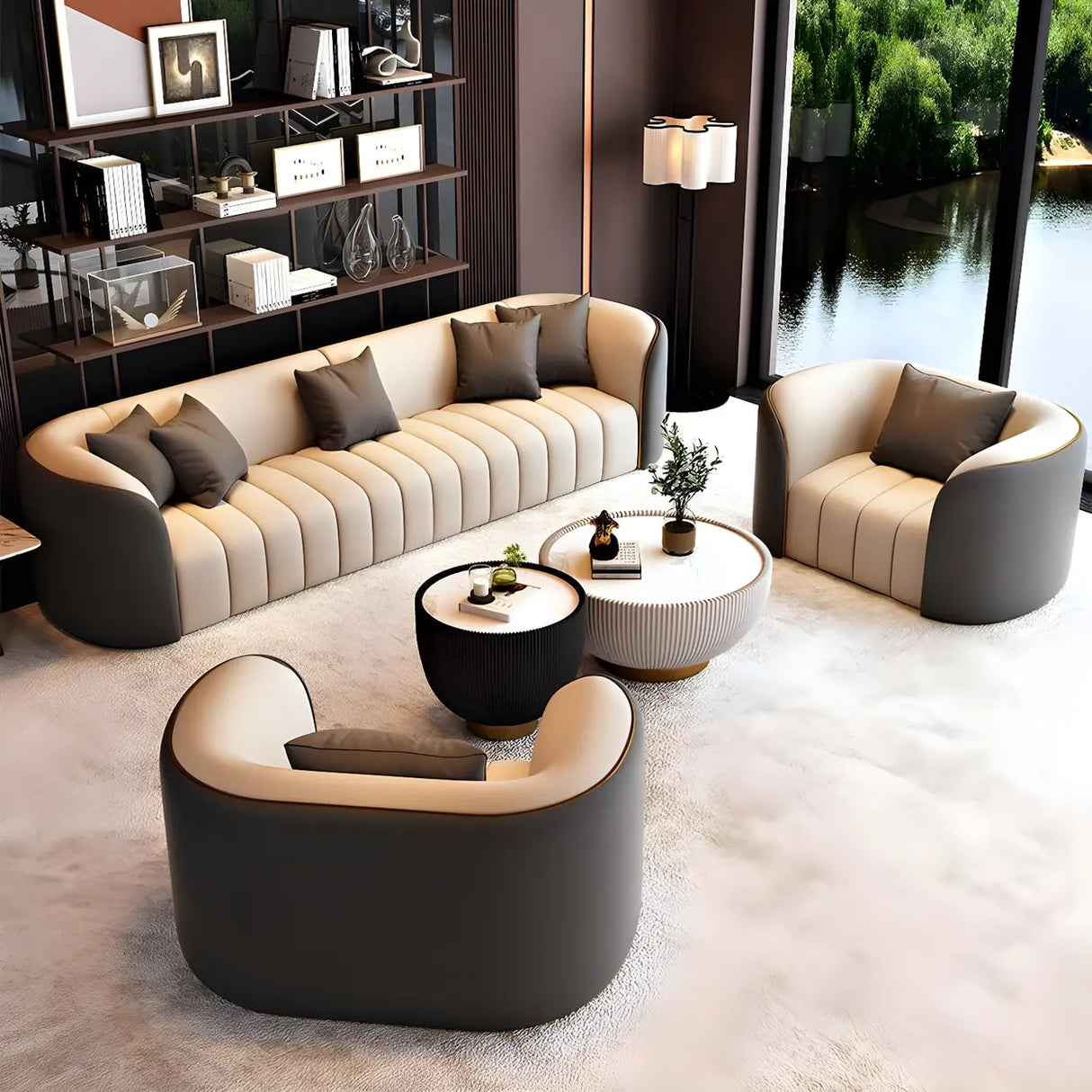 Beige Gray Tight Back Sofa Seating Group with Pillow Image - 1