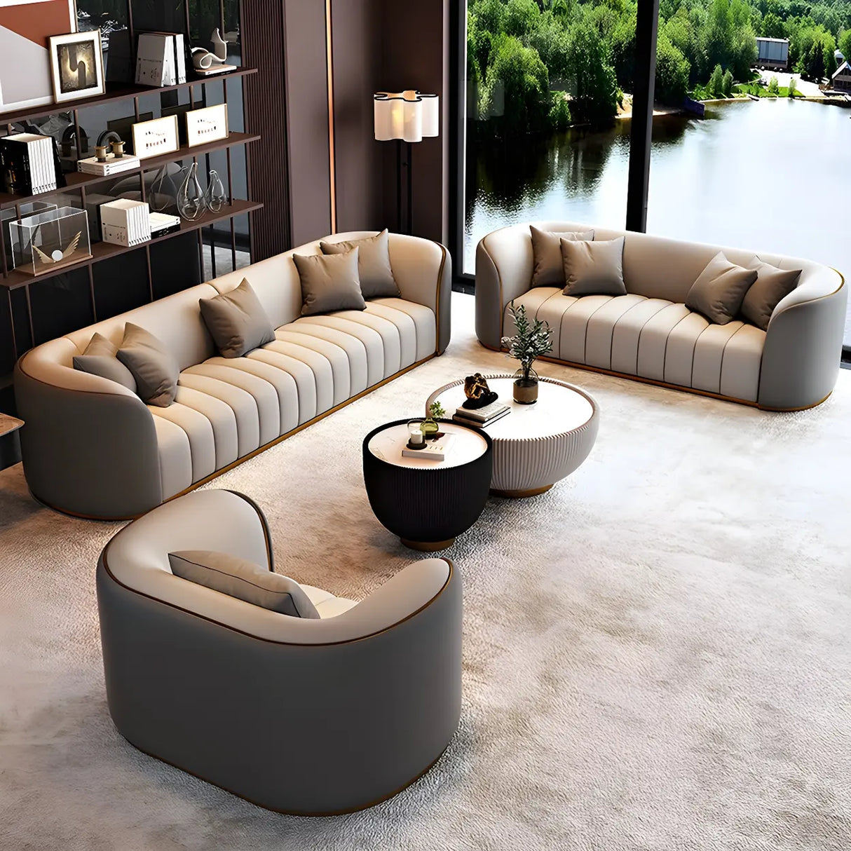 Beige Gray Tight Back Sofa Seating Group with Pillow Image - 24