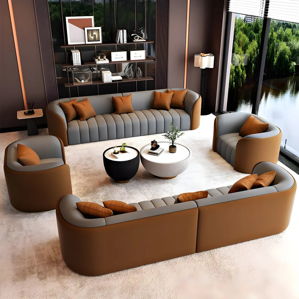 Beige Gray Tight Back Sofa Seating Group with Pillow Image - 4