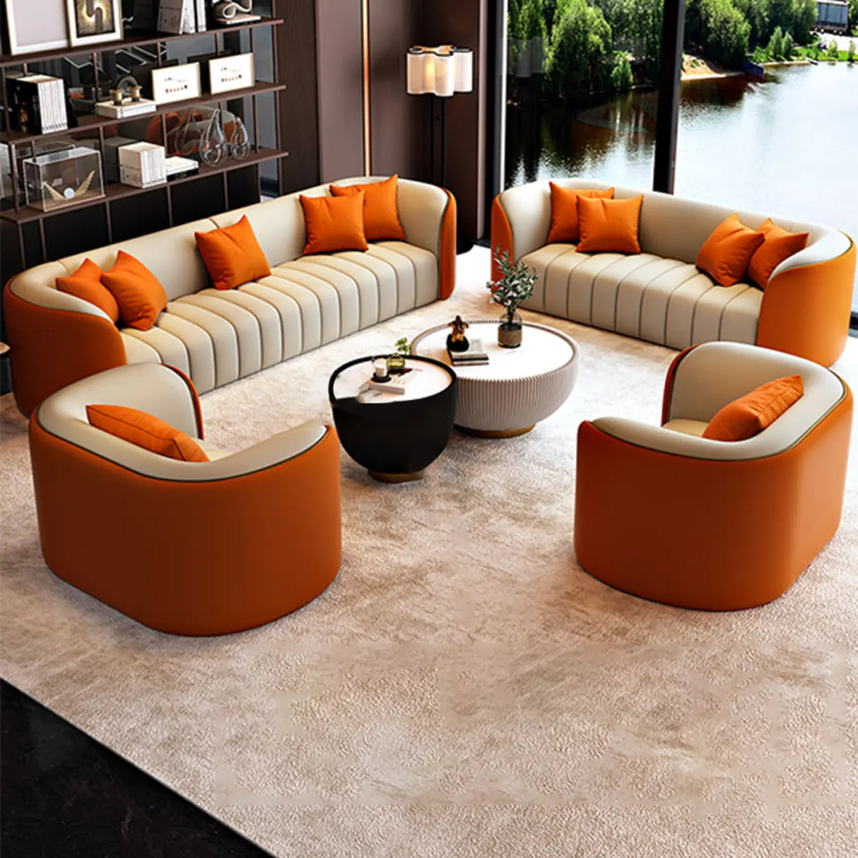 Beige Gray Tight Back Sofa Seating Group with Pillow Image - 5