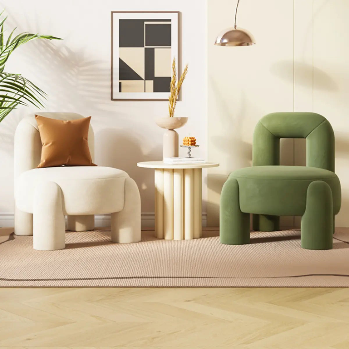 Beige Green Flannel Fixed Back Wood Frame Accent Chair Image - 1