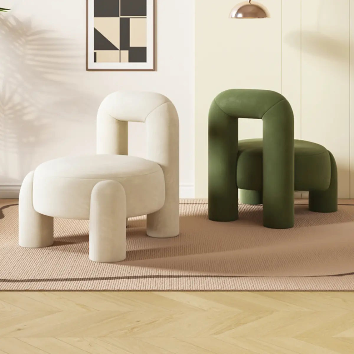 Beige Green Flannel Fixed Back Wood Frame Accent Chair Image - 10