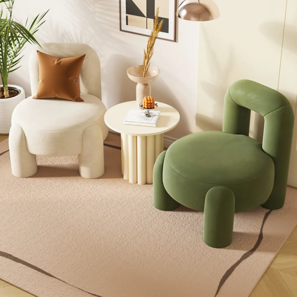 Beige Green Flannel Fixed Back Wood Frame Accent Chair Image - 11