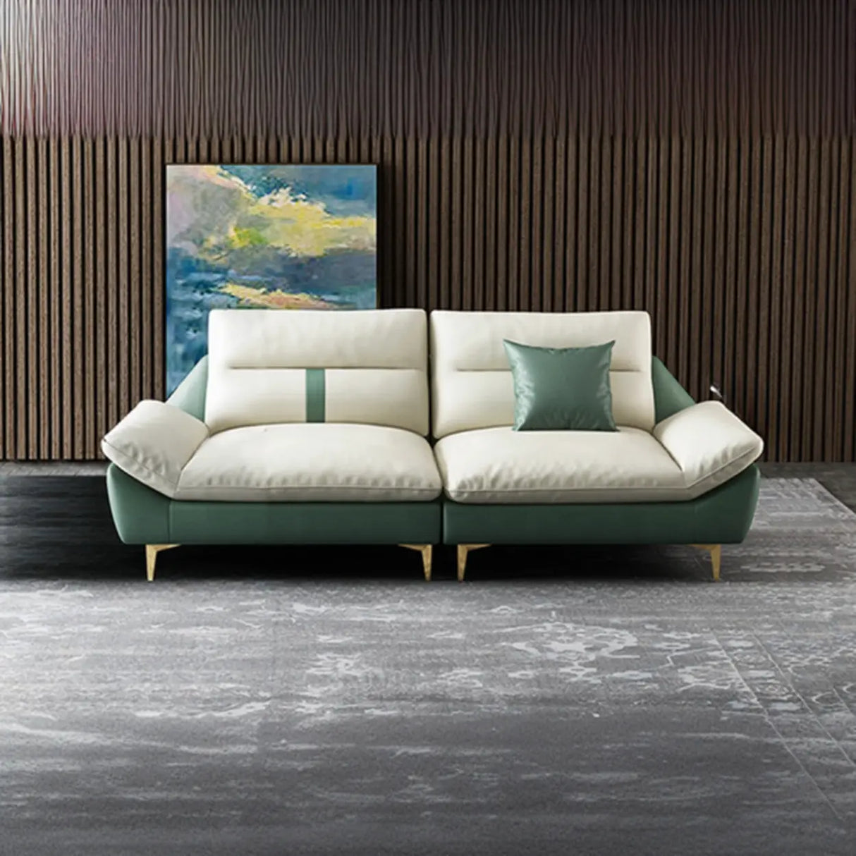 Beige-Green Stain Resistant Flared Arm Brass Leg Sofa Image - 3