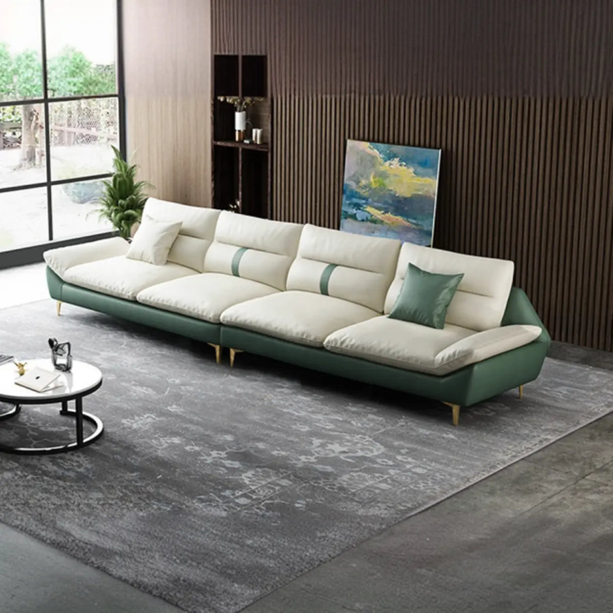 Beige-Green Stain Resistant Flared Arm Brass Leg Sofa Image - 6