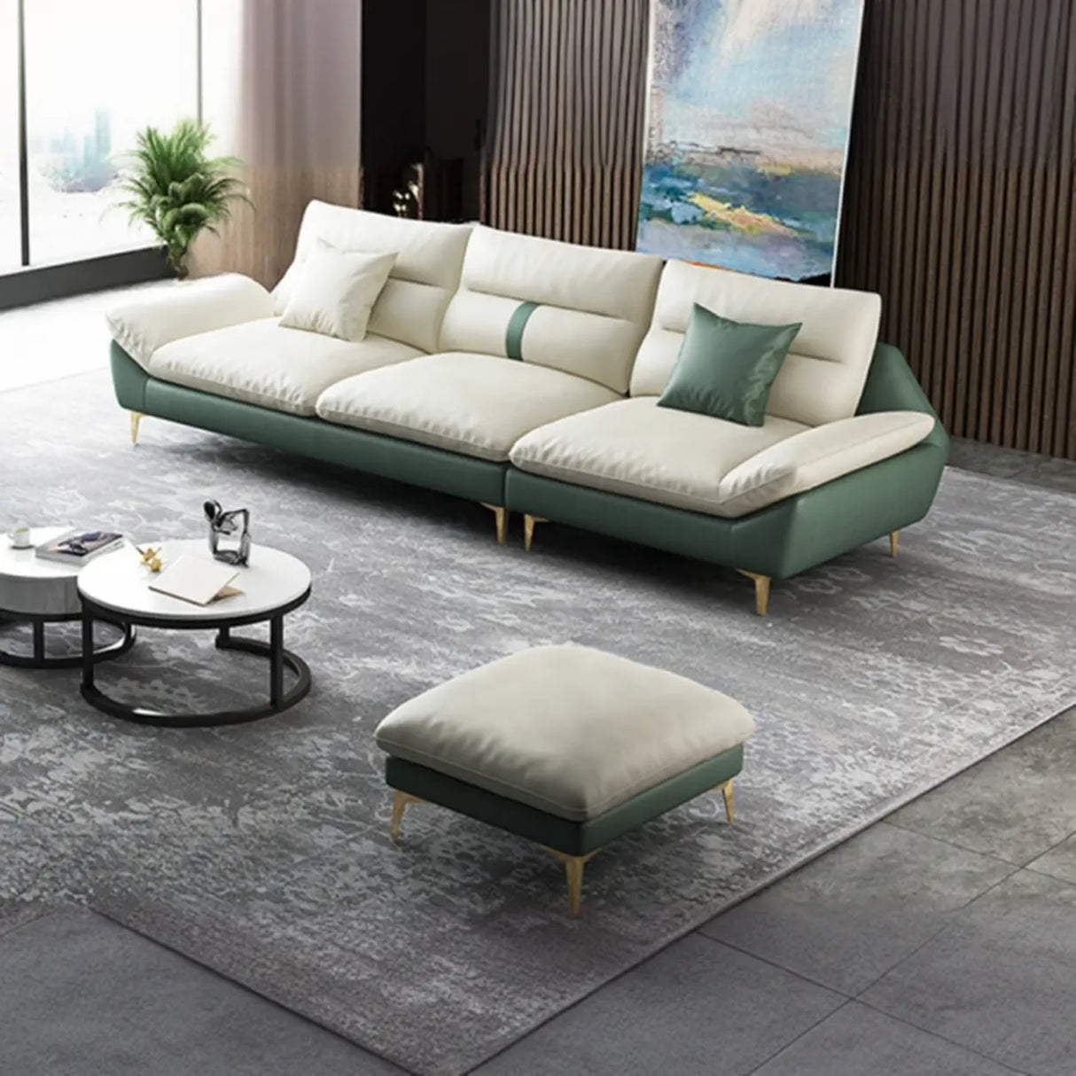 Beige-Green Stain Resistant Flared Arm Brass Leg Sofa Image - 8