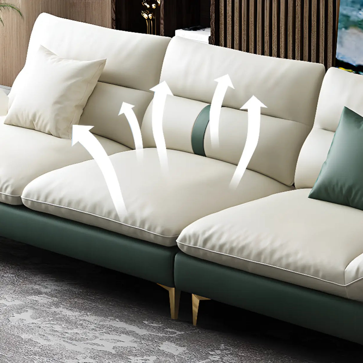 Beige-Green Stain Resistant Flared Arm Brass Leg Sofa Image - 9