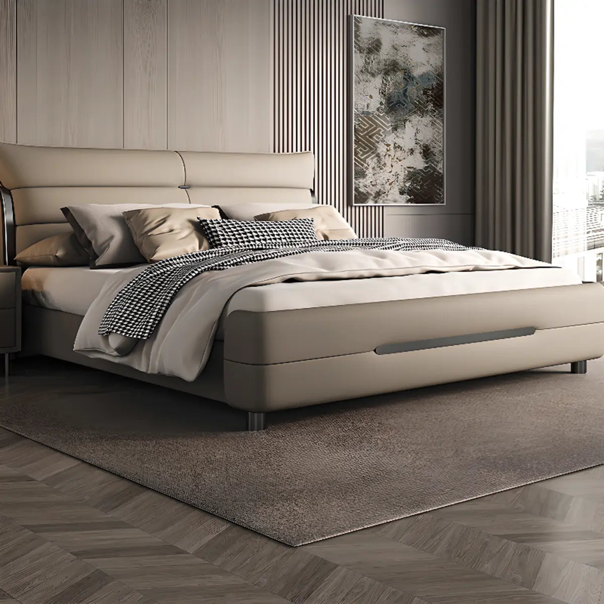 Beige King Modern Upholstered Headboard Panel Bed Frame Image - 1
