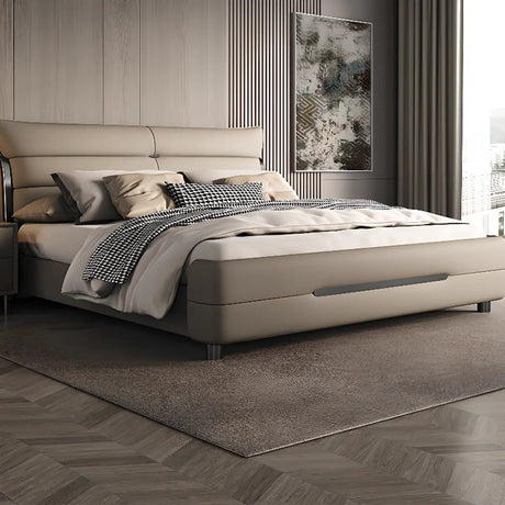Beige King Modern Upholstered Headboard Panel Bed Frame Image - 1