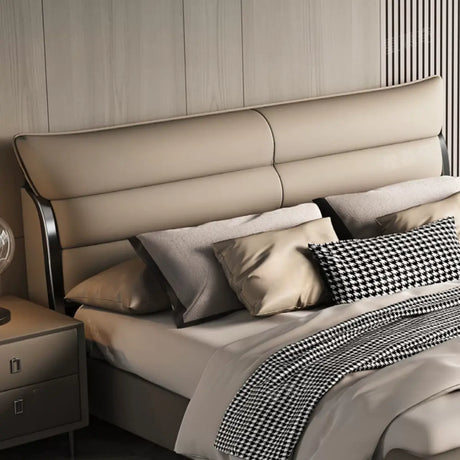 Beige King Modern Upholstered Headboard Panel Bed Frame Image - 2