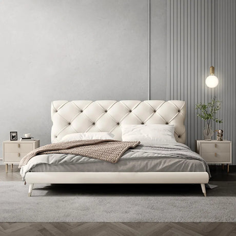 Beige King Upholstered Leather Comfort Panel Bed Frame Image - 1
