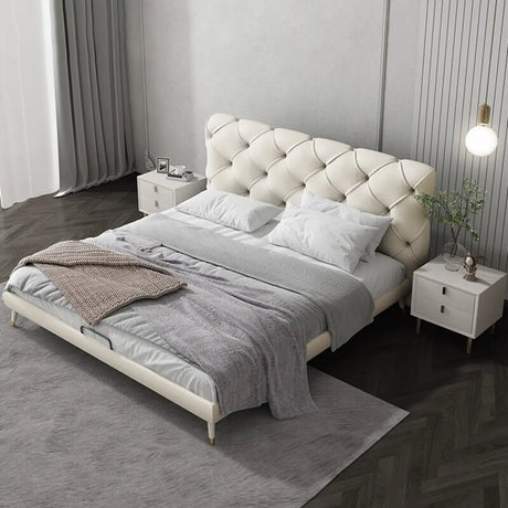 Beige King Upholstered Leather Comfort Panel Bed Frame Image - 2