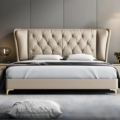 Beige King Wingback Leather Elegant Tufted Bed Frame Image - 1