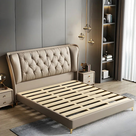 Beige King Wingback Leather Elegant Tufted Bed Frame Image - 2