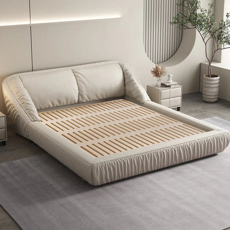 Beige King Wingback Leather Modern Wood Headboard Bed Image - 1