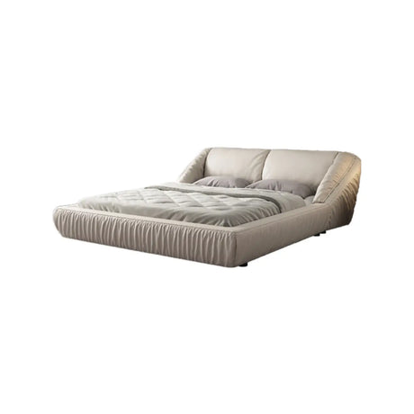 Beige King Wingback Leather Modern Wood Headboard Bed Image - 2